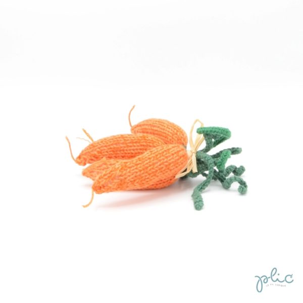 Botte de 5 carottes attachées par un lien raphia, le tout tricoté ou crocheté par Plic.