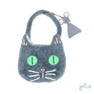 Sac en forme de tête de chat de 18cm de haut et 22cm de large, muni d'une anse de 32cm et d'une déco souris, le tout tricoté et crocheté par Plic.